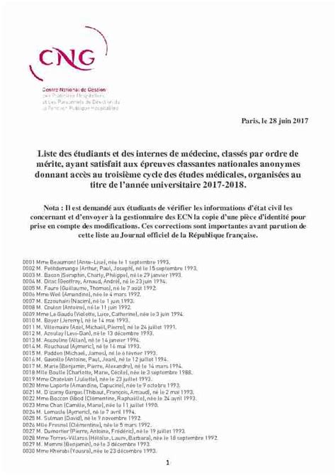 Liste des étudiants et des internes de médecine, classés.